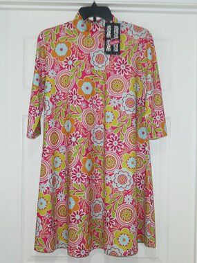 NWT Womens Erma's Closet Pink Green Retro Floral Stretchy 3/4 Sleeve Dress sz S